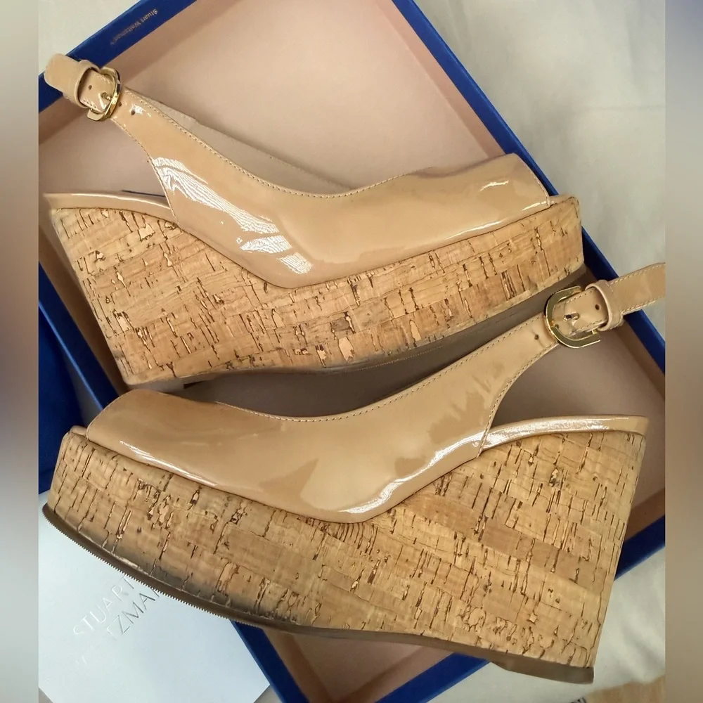 Stuart Weitzman Size 5 Jean Adobe Aniline Peep-Toe Cork Wedges in Nude Patent - Picture 5 of 11
